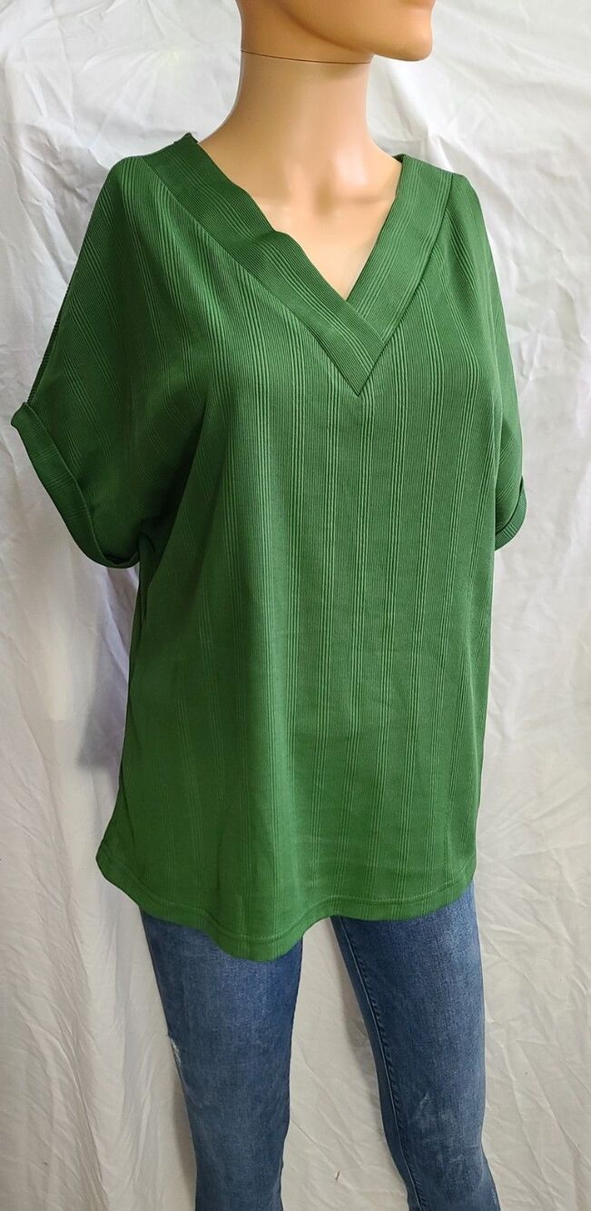 EVALESS size Small oversized green solid V-neck short sleeve knit pullover top